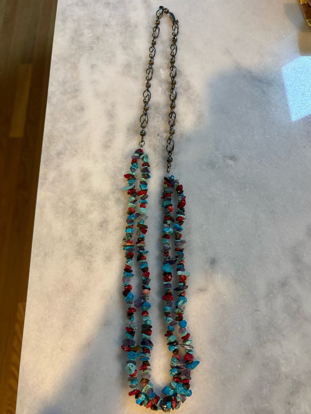 Rare Early Vintage Taxco Sterling and Turquoise Nugget 32” Necklace-Eagle Stamp